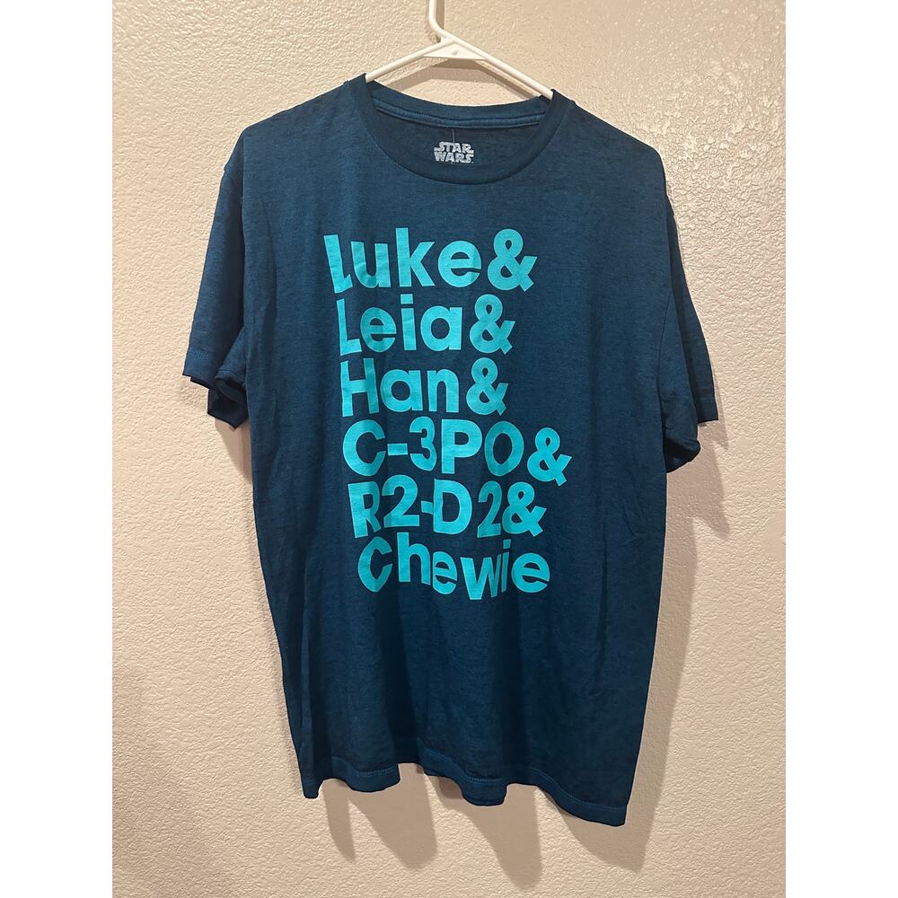 NWT Disney Parks Star Wars Luke Leia Han C-3P0 R2-D2 Chewie Blue Turquoise Tee L